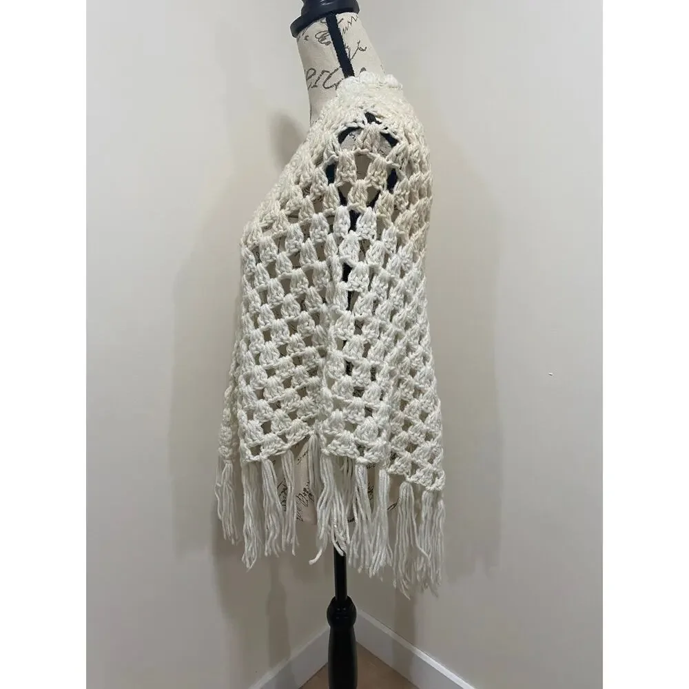 Vintage 70s Fringed Handmade Crocheted White & Cream Blanket Shawl Wrap